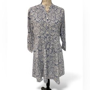 Charlee Cotton Printed Tunic Dress Navy White Small | Boho Resort Beach Cover Up